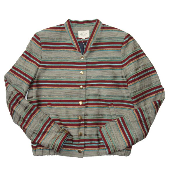 NWT Sezane Teddy Keaton in Jacquard Striped Rust Green Gold Bomber Jacket 36 4 - Picture 6 of 10